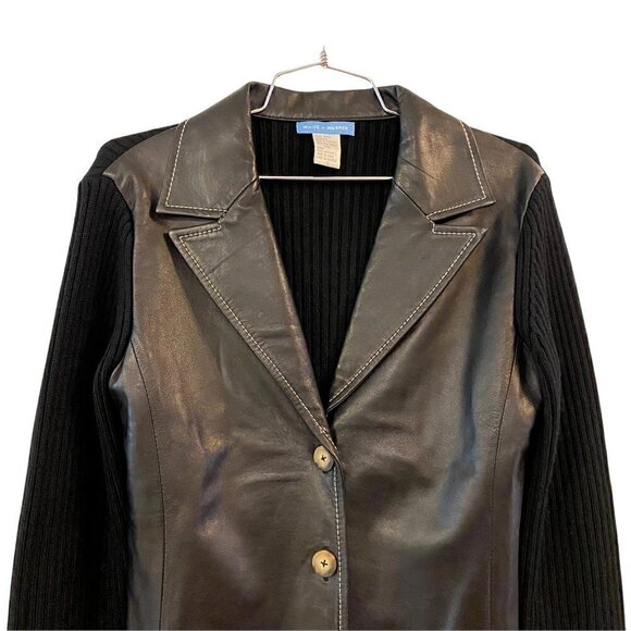 White + Warren Womens Knitted Blazer Jacket Black Lambskin Leather Button Small - Picture 2 of 7